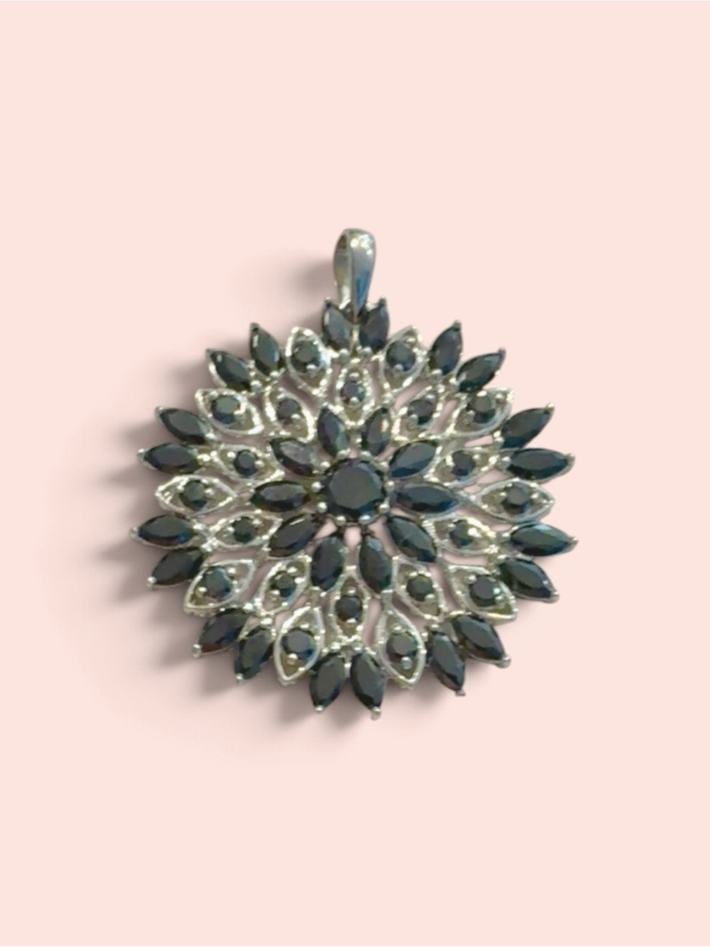 Sterling Silver Pendant Necklace with Black Gemstone Floral Design 925